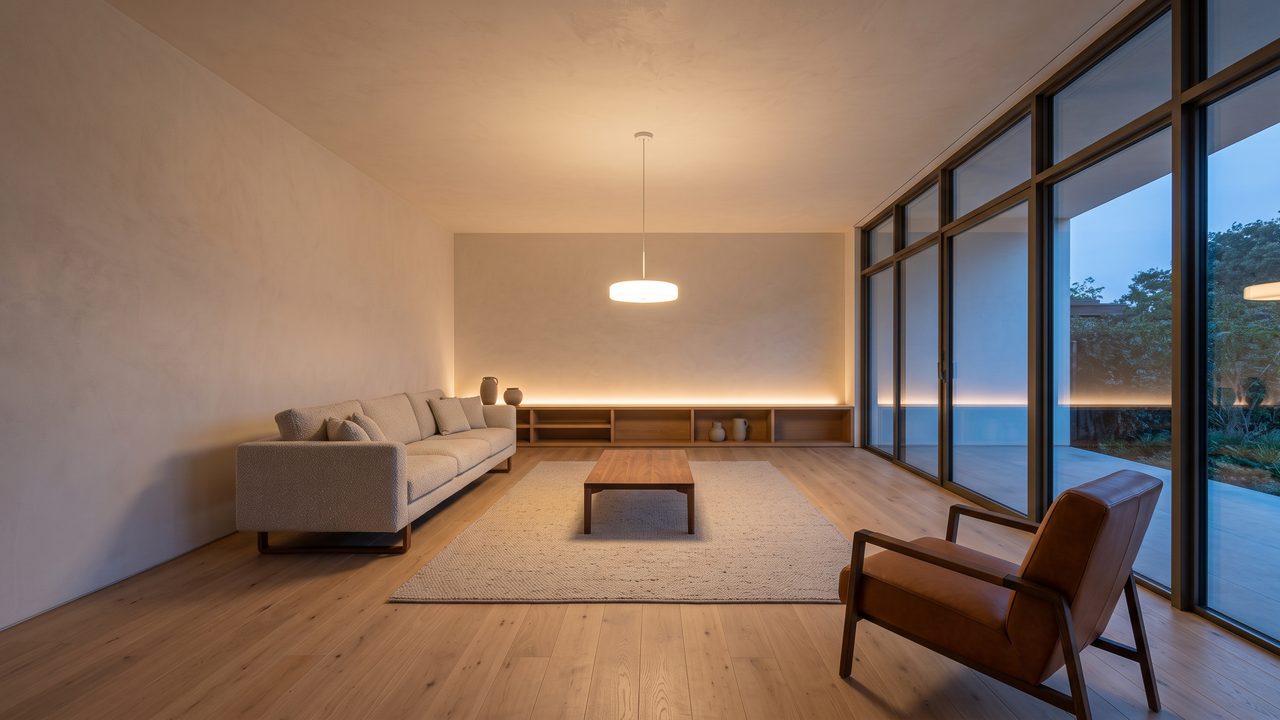 Sample render of the same living room in warm evening light