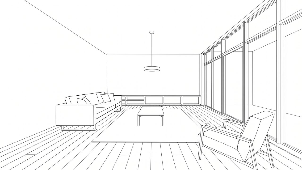 Sample line sketch of a living room with a sofa, a coffee table, a lounge chair and a window wall