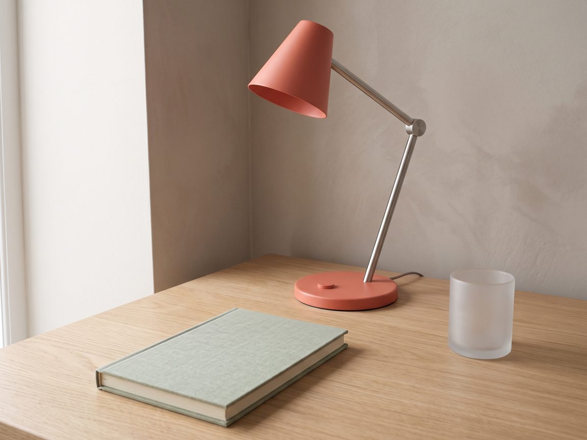Sample photoreal render of the same coral desk lamp on an oak desk